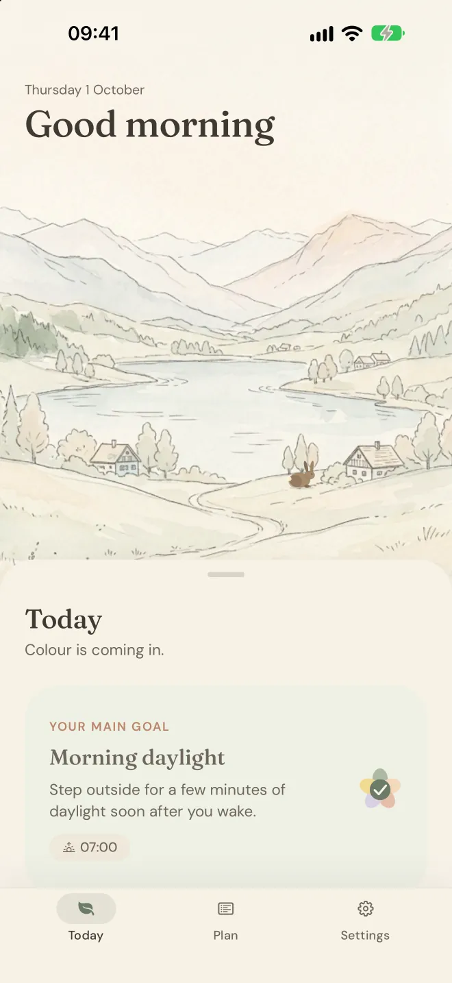 The Today screen after the first goal: colour is coming into the valley, and a hare sits in the meadow by the path