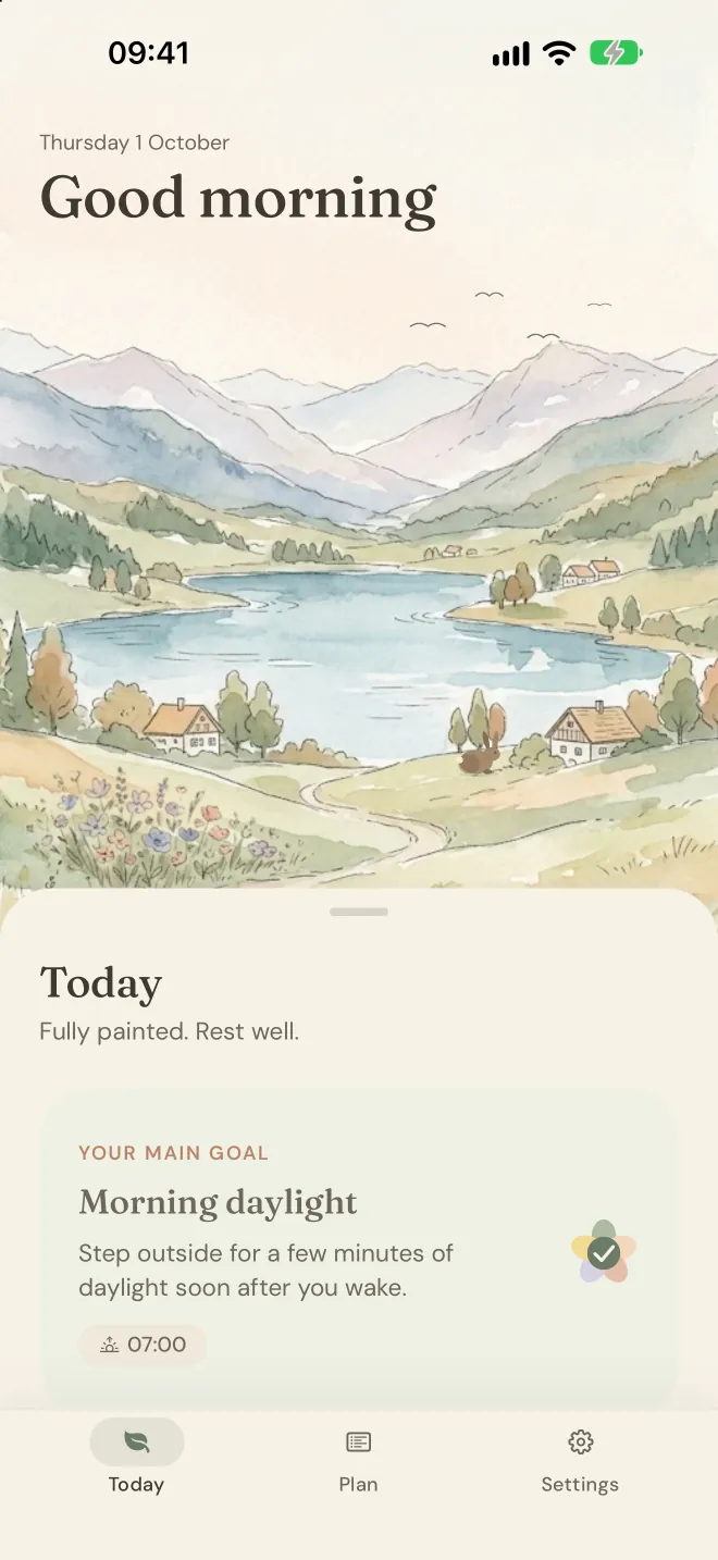 The Sunmoss Today screen: a watercolour valley with a lake and cottages, fully painted in, above the main goal, Morning daylight, marked done