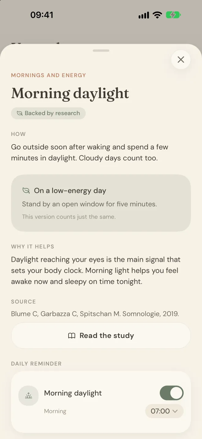 The goal sheet for Morning daylight: how to do it, a gentler version for a low-energy day, why it helps, and the study it comes from